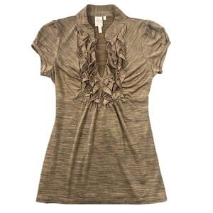 Y2K Ruffle Front V Neck Top Brown Stretch Knit Short Sleeve - M